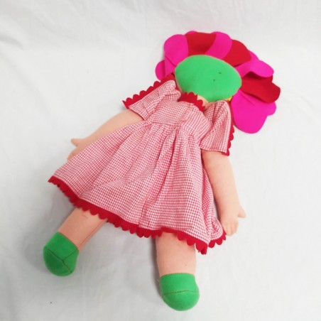 Bambola di panno Lenci con rosa e capelli magenta, h. 45 cm