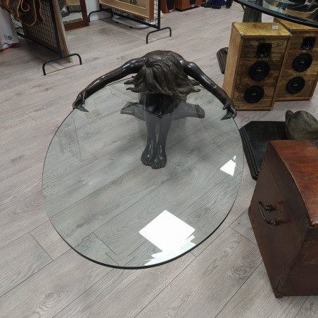 Tavolino ovale in vetro con scultura femminile in bronzo Moreau