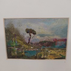 UBALDO MAGNAVACCA olio su carta panorama con albero 14x10 cm 2