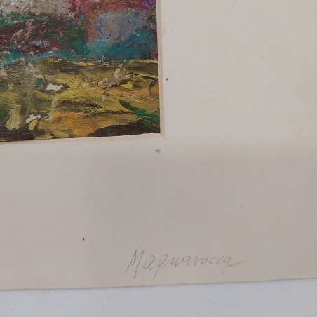 UBALDO MAGNAVACCA olio su carta panorama con albero 14x10 cm