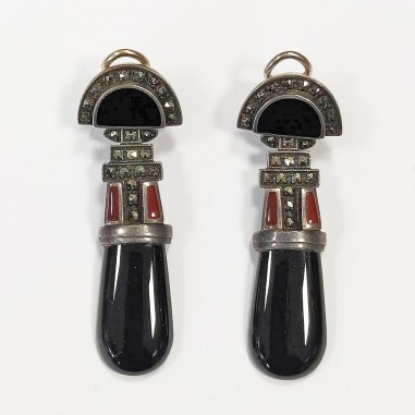 Coppia orecchini vintage anni 20/30 in argento e pietra nera orecchini a clip