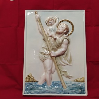 Formella in ceramica 28x39 cm San Cristoforo con il Bambino Gesù
