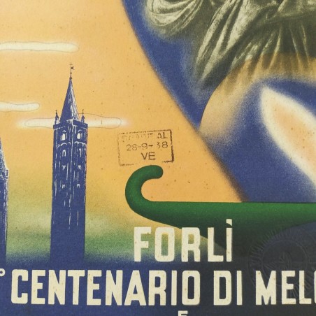 Cartello a colori 1938 Forlì V° Centenario di Melozzo e Mostra del 400 romangolo
