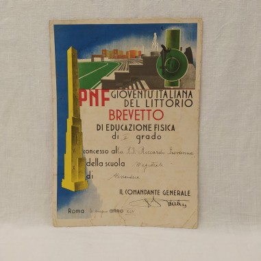PNF Diploma brevetto di Educazione Fisica di II grado anno XVII - 1939