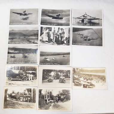 Lotto di 13 cartoline anni 30 con automobili e crociera Aerea Italia Brasile